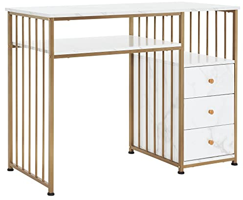 BarberPub Manicure Table for Nail Tech, Golden & Marbling Texture Nail Desk with Storage Drawers and Shelf, Home Salon Spa Equipment, Beauty Nail Table with Metal Frame 2407