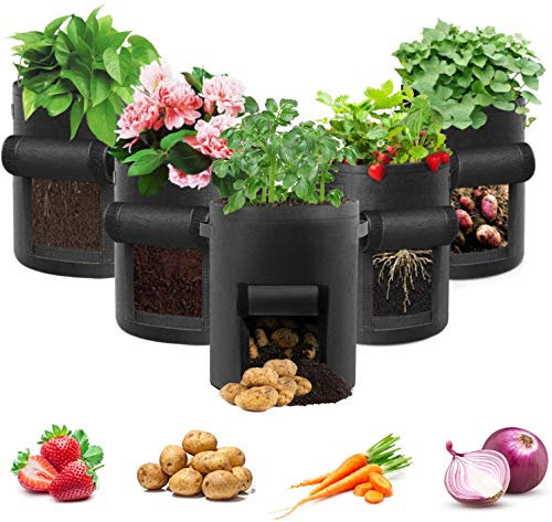LITLANDSTAR Potato Grow Bag, 5-Pack 15 Gallonen Vegetable Grow Plant Bags mit Sichtfenster und Griffen für Gemüse, Obst, Blumen, Kartoffel (Schwarz)