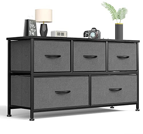 Sweetcrispy Dresser for Bedroom 5 Drawer Chest Tower, Small Storage Organizer Units Kidsroom, Living Room, Closet, Wooden Top Steel Frame & Fabric Bins, Lightweight TV Furniture, Clothing Cabinet