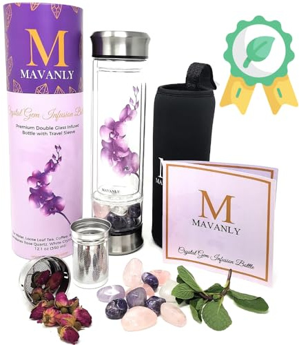 Orchid Double-Walled Glass Water Bottle with Crystals Inside Eco-Friendly Crystal Gifts for Women, Large Rose Quartz White Crystal and Amethyst, For Hot and Cold Drinks, Loose Leaf Tea Infuser