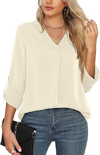 Yommay långärmade tröjor för kvinnor, blus, sommar, elegant, V-ringad, tunika, långtröja, topp, flytande, korta ärmar, chiffongtoppar, Dam Kläder, Beige vit, XXL