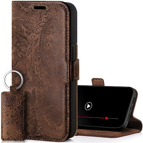 SURAZO Slim Magnet Handyhülle für Apple iPhone 15 Pro Max Hülle Leder – Klappbar Echtleder Schutzhülle [Kartenfach, RFID Schutz, Blumenmuster] Klapphülle Wallet Case Cover Lederhülle (Braun)