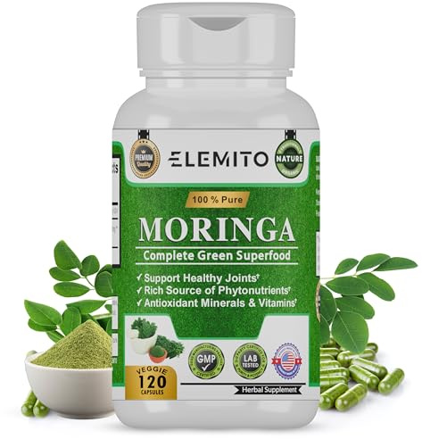 ELEMITO Moringa Capsules, Pure Leaf Powder, Green Superfood, Energy, Metabolism, & Immune Support, Non-GMO, Vegan, Gluten-Free - 120 Capsules