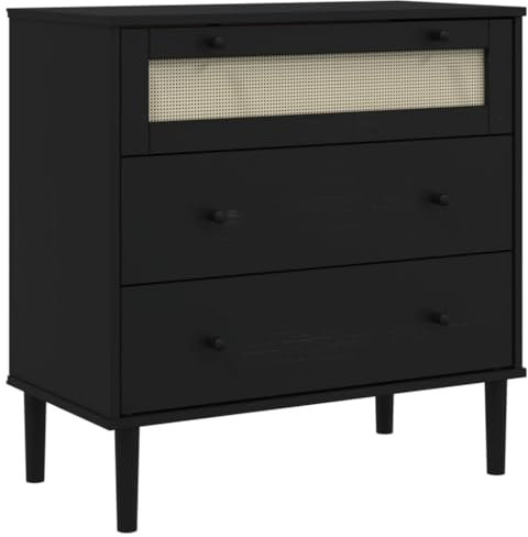 vidaXL Schubladenkommode, Sideboard Rattan-Look, Kommode mit 3 Schubladen für Wohnzimmer, Schubladenschrank Anrichte Schrank, Schwarz Massivholz Kiefer