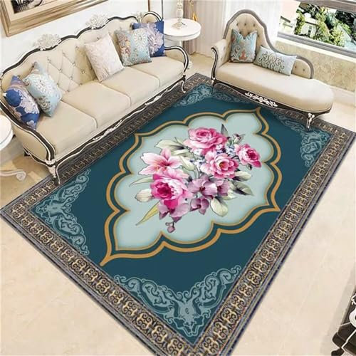 RUGMRZ Flickenteppich Waschbar Tepiche Blauer Teppich rosa Blumendekoration europäischer Stil pflegeleicht Wohnzimmerteppich 70X140CM