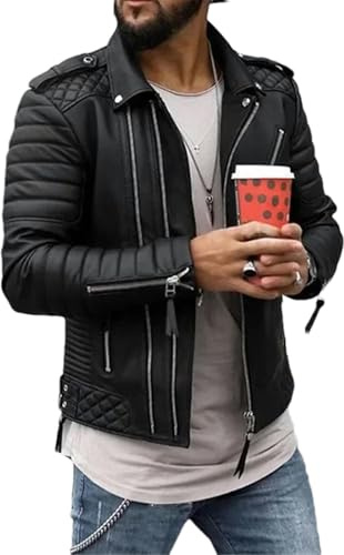 JXQXHCFS Chaquetas de cuero para hombre otoño-invierno, solapa con forro de algodón, cremallera, abrigo de cuero acolchado, ropa de calle, color negro, talla M