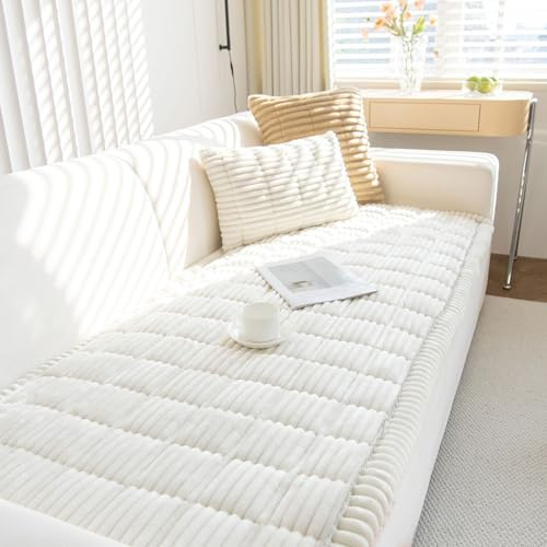 ShowyLive Cord Sofa überzug 1/2/3/4 Sitzer L Form Couch Überzug Ecksofa rutschfest Hund Katze -Antirutsch, Anti Slip Sofabezug Sofa Überwurf (Cremeweiß, 90 * 210CM)
