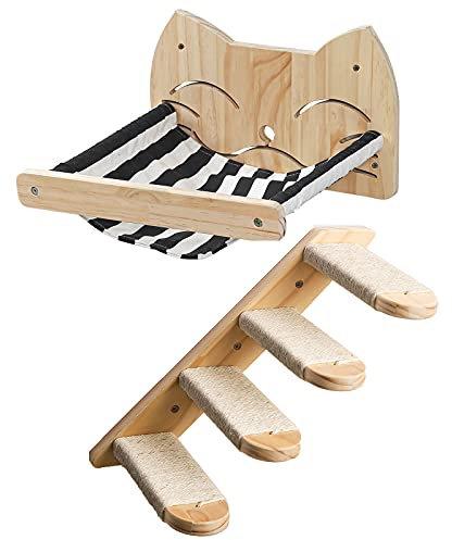 Msuiiixcccc Wall Mounted Hammock with Sisal Rope Cat Post Steps - Cat Ladder Steps 15.75 Inch Wall Mounted Wooden Cat Climbing Shelf with Sisal Rope for Climbing Playing Lounging