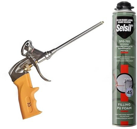 Kit Pistola per Schiuma Poliuretanica Modello Professionale in Acciaio con Otturatore in Ottone Applicatore Preciso e Resistente e Bomboletta di Schiuma Poliuretanica