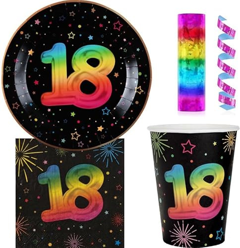 Playflip 18th Birthday Disposable Tableware Colourful Party Set Party Tableware Paper Plates Paper Cups Napkins