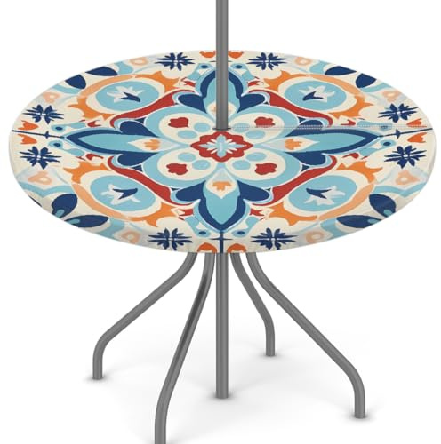 Mexpekil Outdoor-Tischdecke mit Schirmloch und Reißverschluss, mexikanische, ethnische Keramikfliesen, wasserdicht, rund, elastisch, für Terrasse, Garten, 114,3–142,2 cm