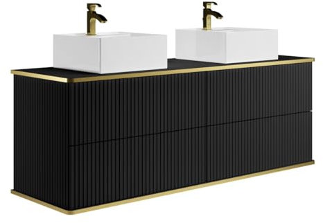 Vente-unique-Mobile per bagno sospeso scanalature con profilo Dorato e doppio lavabo appoggio quadrato 150 cm Nero - KELIZA