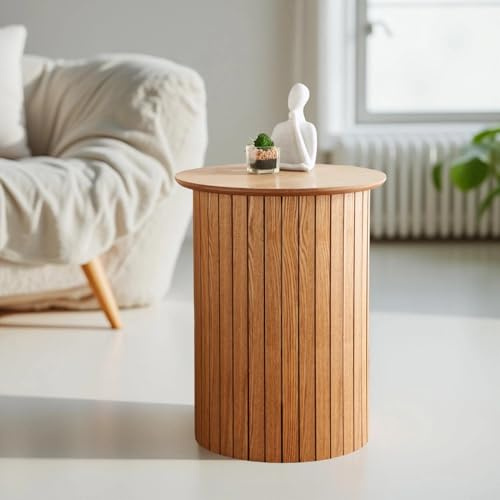 Dylex Round Side Table with Oak Effect, Panelled Design, Modern Living Room Coffee Table