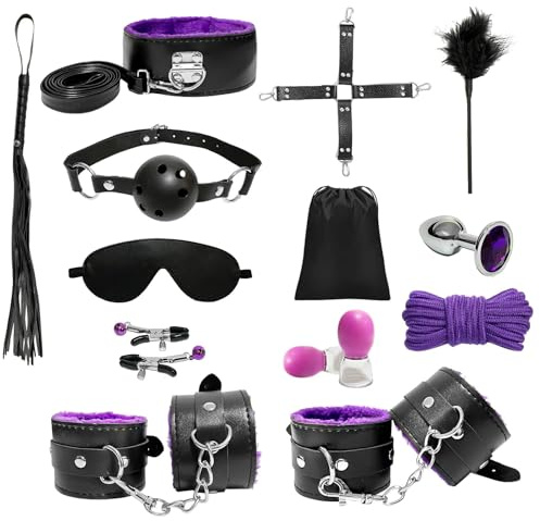 Kit de bondage BDSM, set de bondage mejorado de 17 piezas con bolsa de almacenamiento, ataduras para adultos, juguetes sexuales para parejas, juguete SM para placer sexual para mujeres y hombres.