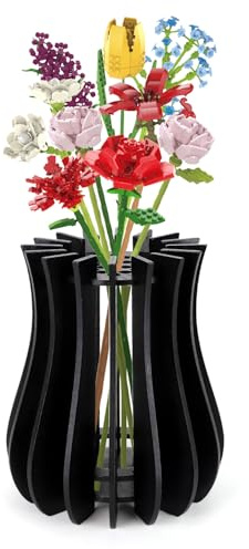 Demarsen Vaso per bouquet Lego, puzzle in legno, vaso in legno per fiori, regalo decorativo per donne e adulti, nero