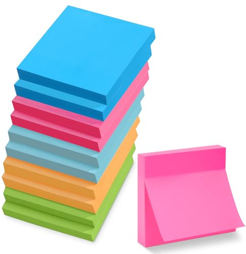 10 Blocs Notas Adhesivas, 76 x 76 mm Sticky Notes, 100 Hojas por Bloc, 5 Colores Brillantes, Block de Notas Removible para Oficina, Estudio, Planificación y Hogar