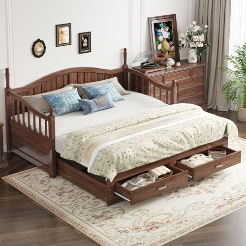 RIAZOS Ausziehbares Schlafsofa 90/180x190 cm, Tagesbett mit Schubladen und Lattenrosten, Kiefernbett mit Stauraum, Multifunktionsbett Daybett Gästebett, Nussbaum