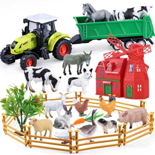 SIENON 26pcs Farm Animal Toys for Toddlers, Realistic Barn Animal Figurines, Tractor, Windmill and Fence Playset, Farm Figures Vehicle Toy Truck with Trailer for Birthday Party Favors Decorations