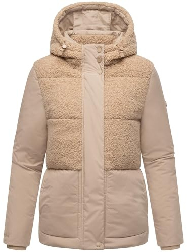 MARIKOO Damen Teddy-Fleecejacke warme Winterjacke Plüschjacke in angesagtem Materialmix mit Kapuze Sheeta 16 XS-3XL
