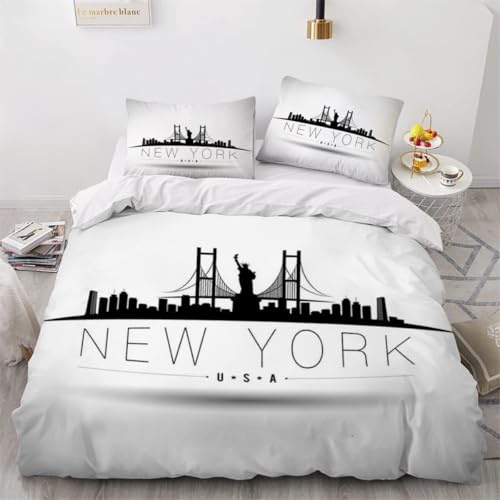 Housse de Couette 200x200 New York Parure de Lit Adulte 2 Personnes Microfibre Respirante Blanc Ensemble de Literie avec Fermeture Éclair et 2 Taies d'oreiller b-8809