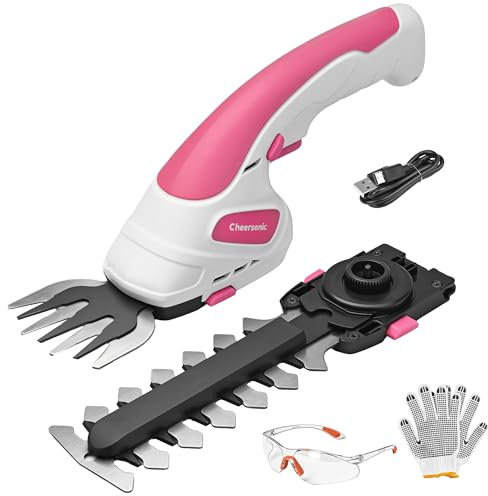 Cordless Grass Shear & Hedge Trimmer 7.2V Handheld Electric Grass Trimmer with 2 * 2000mAh Battery 2 in 1 Lightweight Shrub Trimmer Type-C Cable for Small Bushes, Lawn Edging & Garden Pink