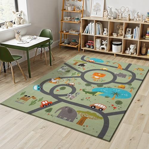Mia´s Teppiche Joy Kids - Kinderzimmer, Kinderteppich, Spielteppich, Straßenteppich, Dschungel, Straße, Tiere, Grün, 140 x 200 cm