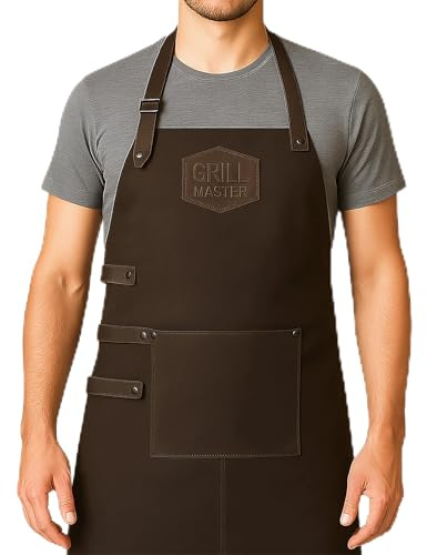 TUNU Lederschürze aus Büffelleder für, Küche und Garten, Verstellbare Schürze mit Taschen und Schlaufen, Leder Grillschürze für Männer und Frauen, Schutz vor Schmutz und Fett (Dunkelbraun)