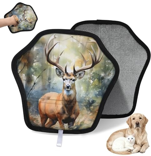 WowPrint Wasserfarben-Wald-Hirsch-Haustierhaarentfernungshandschuh für Katzen und Hunde, wiederverwendbar, elektrostatische Tierhaar-Handschuhe, Bürstenwerkzeug für Couch, Kleidung, Teppich, Möbel