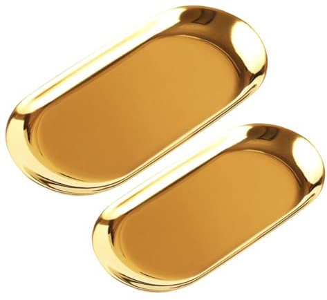 FIXOSHEE 2 piezas Bandeja Decorativa Ovalada de Acero Inoxidable Dorado para Joyería Toallas y Frutas Resistente y Versátil para Hogar Comedor y Salón