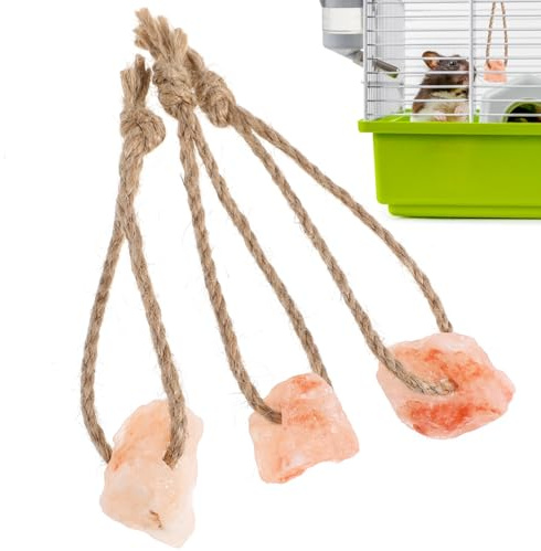 BATHVEVE 3 Stück Teiliges Salzleckstein kauspielzeug für Kaninchen und Meerschweinchen Natürliche Mineralstoffblöcke mit Hanfseil Fördert Zahnpflege und Beschäftigung Sicherer Kauspaß für