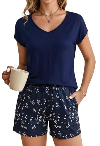 Litherday Pijama Mujer Verano Algodón Conjunto de Dos Piezas con Camiseta de Manga Corto y Estampado Pantalón con Cordón y Bolsillos Loungewear