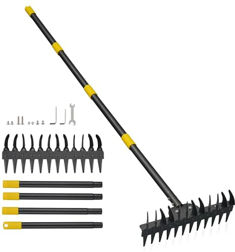 Garden Rake Heavy Duty 190cm, Dual-Row Scarifying & Leaf Rake with 24 Steel Tines – Stainless Steel Head, Anti-Slip Handle, Detachable Rake for Gardening, Lawn Soil & Leaf Clearing