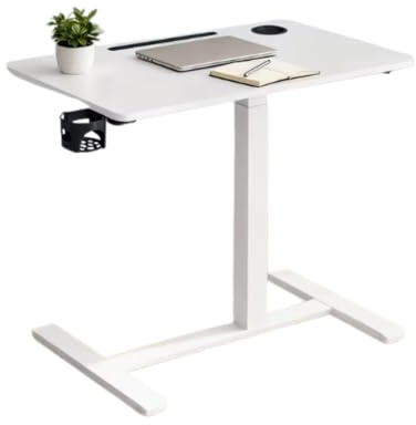 (HG) Mobiler Beistelltisch mit Rollen, Höhenverstellbar, Mobiler Steh-Schreibtisch, Arbeitsfläche von 80 x 45 cm, Weiß, 2 Getränkehalter, Ablage für Handy oder Tablet