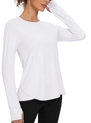 Gyabnw Camiseta Deportiva Mujer Camisetas de Gimnasia Ajuste Holgado Yoga Camiseta para Correr Ligera Que Absorbe la Humedad Cuello Redondo Manga Larga para Damas