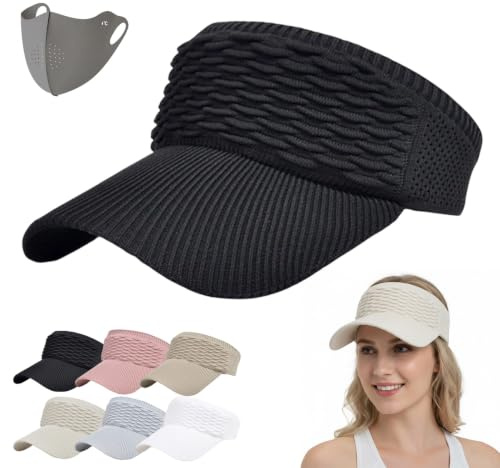 Liocwocne Women's Breathable Knit Sun Visor Hat, Wide Brim UV Protection Summer Cap, Elastic Quick Drying Open Top Hats for High Ponytail, Portable for Outdoor Sports Golf Beach