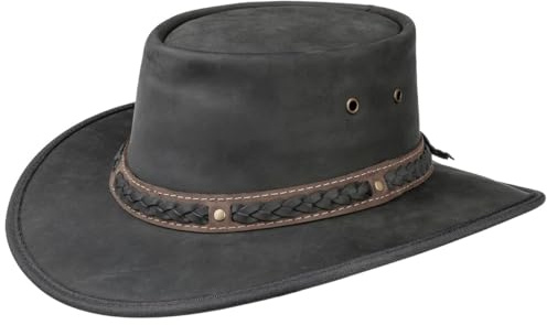 Barmah Squashy Bronco Leder Traveller Rindlederhut Flechtband (XXL (62-63 cm) - schwarz)