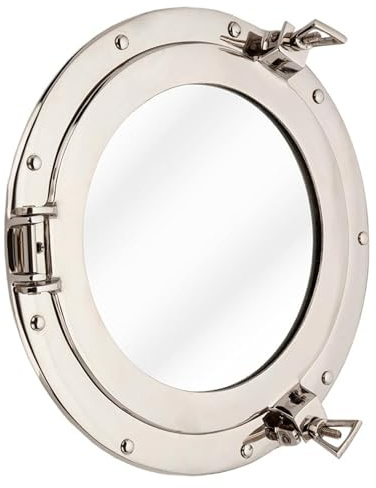 Handicraft Vintage Nautical Ship Porthole Mirror – Wall Mounted Brass Pirate Style Round Mirror for Bathroom, Living Room, Coastal Beach, or Maritime Ocean Theme Home Decor (15 INCHES, Nickel Chrome)