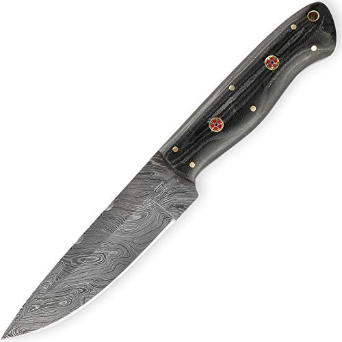 Hobby Hut HH-412, Couteau en Acier Damascus Fait à la Main, 10 po, Bushcraft, Couteau de Chasse, Manche en Micarta | Fourreau en Cuir | Full Tang, Lame Fixe | Lame de Rasoir, Acier de Damas