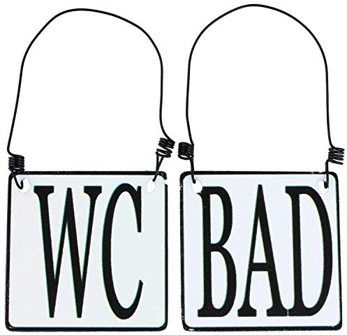 MACOSA SA8177 2er Set WC & Bad Tür-Schild Emaille-Optik Schwarz Weiß 8 x 8 cm Landhaus Metallschild Hinweisschild Draht-Aufhängung Deko-Accessoire