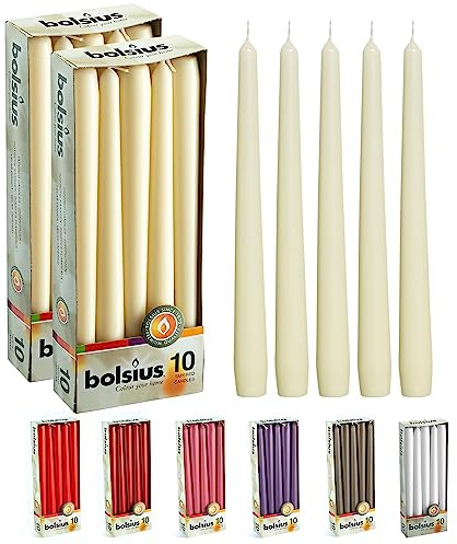 BOLSIUS 20 Count Unscented 10 Inch Ivory Household Taper Candles - 8 Hours Burning Time - Premium European Quality - Smokeless Dripless Taper Candlesticks - Great for Home Décor, Dinners, and Parties