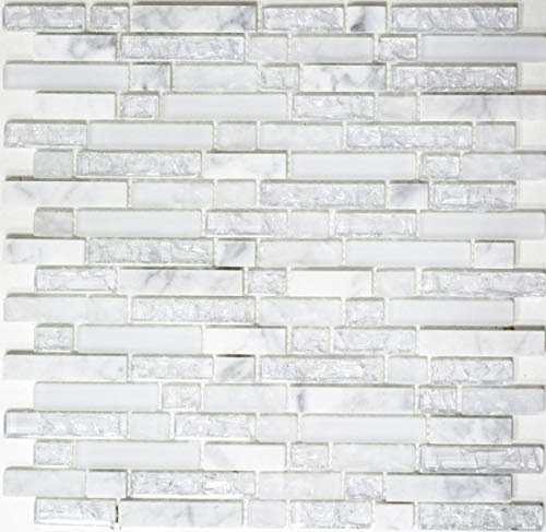 Glasmosaik Naturstein Stäbchen Mosaikfliesen weiß klar carrara Optik Bruchglas Wandfliese Küchenfliese Badfliese WC - MOS87-V1311
