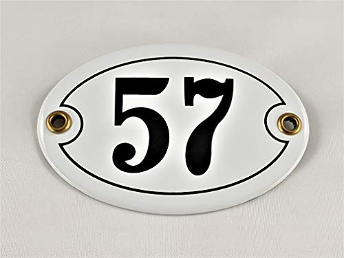 Emaille Hausnummer Schild Nr. 57, oval, Weiß-Schwarz Handarbeit