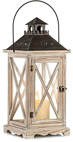 Romadedi Laterne Holz Groß Natur, 48cm mit Metall und Glas