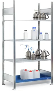 Regal Grundfeld für Gefahrstoffe, 1060 mm x 2000 mm x 437 mm, Silber/blau, zur Lagerung von Kleingebinde, 4 Ebenen, mit Auffangwanne aus Stahl und 3 Gitterroste