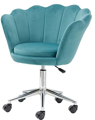 Baroni Home Poltrona Imbottita con Schienale a Conchiglia in Velluto Tiffany con Ruote Argento, Sedia con Ruote da Scrivania, Altezza Regolabile, Super Confortevole 69x71x84 cm