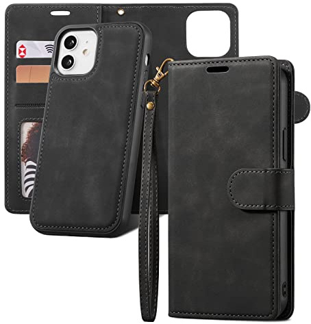 QLTYPRI Fodral för iPhone 11, 2-i-1, avtagbart plånboksfodral PU-läder med [kortplatser] [kickstand] [handledsrem] [magnetisk stängning] stöttåligt flipfodral för iPhone 11 (6,1 tum) – retro svart
