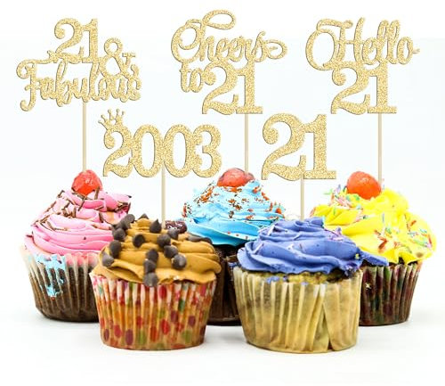 Gyufise 30Pcs 21st Birthday Cupcake Toppers Hello 21 Cupcake Picks 2004 Cupcake Topper for Happy 21st Birthday Anniversary Party Cake Decorations Supplies Gold