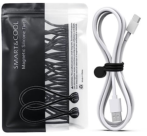 SMART&COOL Wiederverwendbare Magnetische Kabelbinder, Multifunktionale Silikon Magnet Kabelbinder für Kabelmanagement und Organisieren, 10 Farben Magnetic Cable Ties, 182 mm(20 Stück, Schwarz)