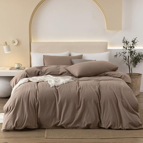 JIYUAN Queen Size Duvet Cover Set, 3-Piece - 100% Washed Cotton, Linen-Like Soft & Breathable with Zipper Closure, Includes 90x90 Inch Cover & 2 Pillowcases, Solid Light Brown