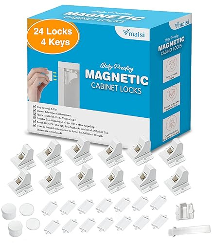 Vmaisi Adhesive Magnetic Locks for Cabinets & Drawers (24 Pack and 4 Keys + Cradle)